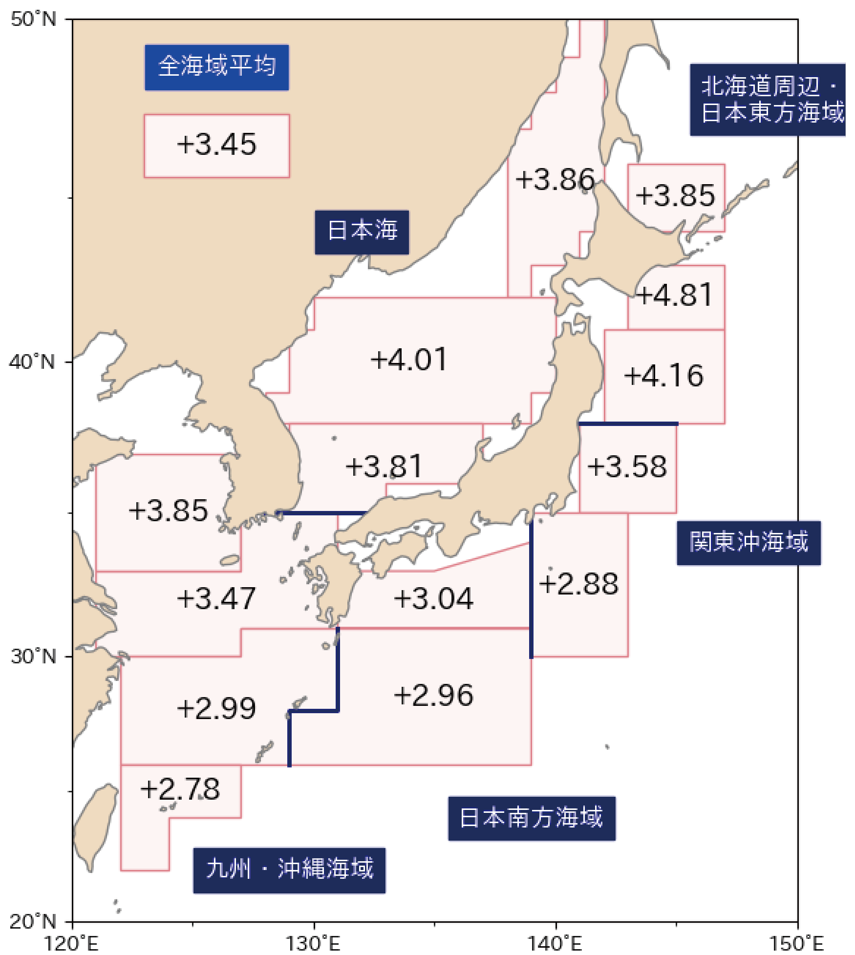 21世紀末の日本近海の海域平均海面水温の20世紀末からの上昇幅（°C）4℃上昇シナリオによる予測